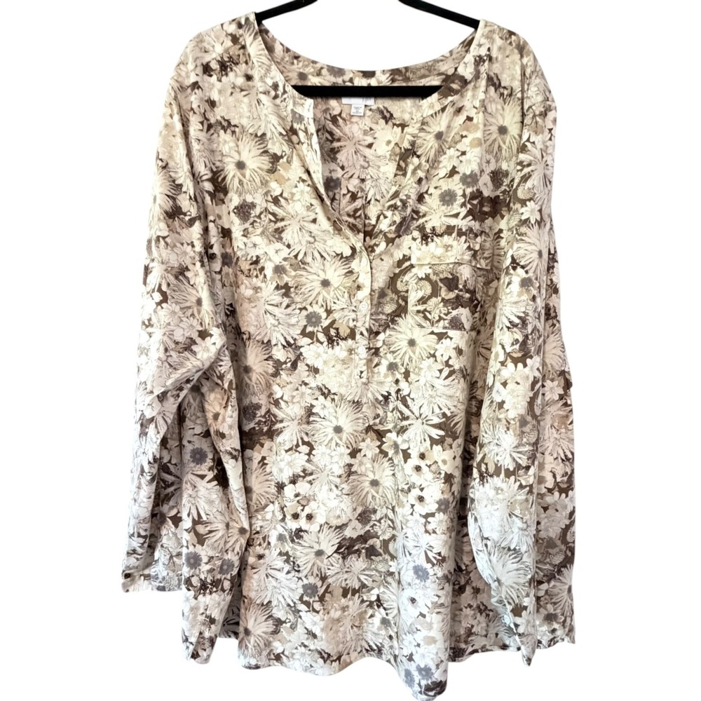 J Jill Woman 4X Tunic Blouse Floral Boho Roll Tab Sleeve Split Neck 100% Cotton